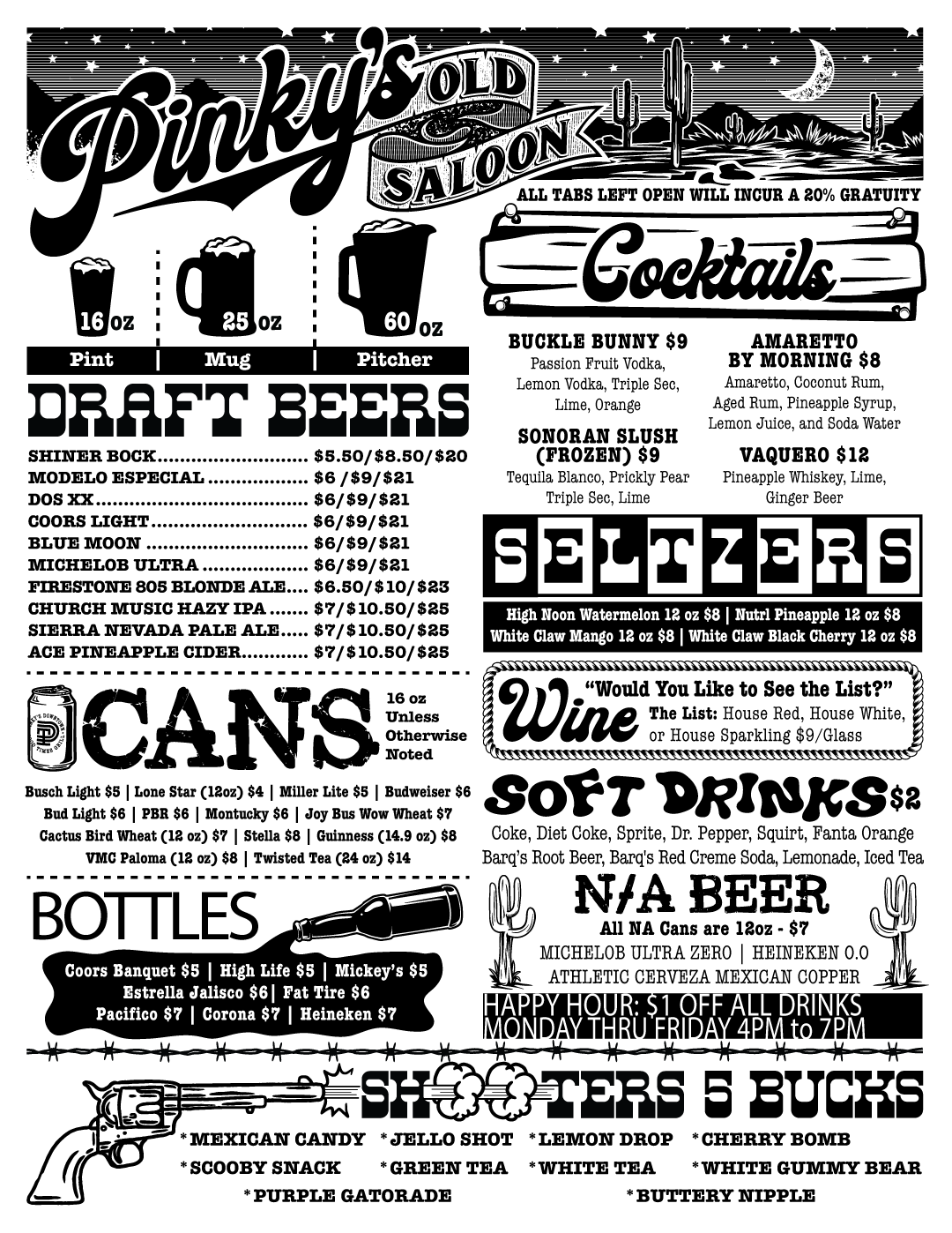 Pinky's drink menu